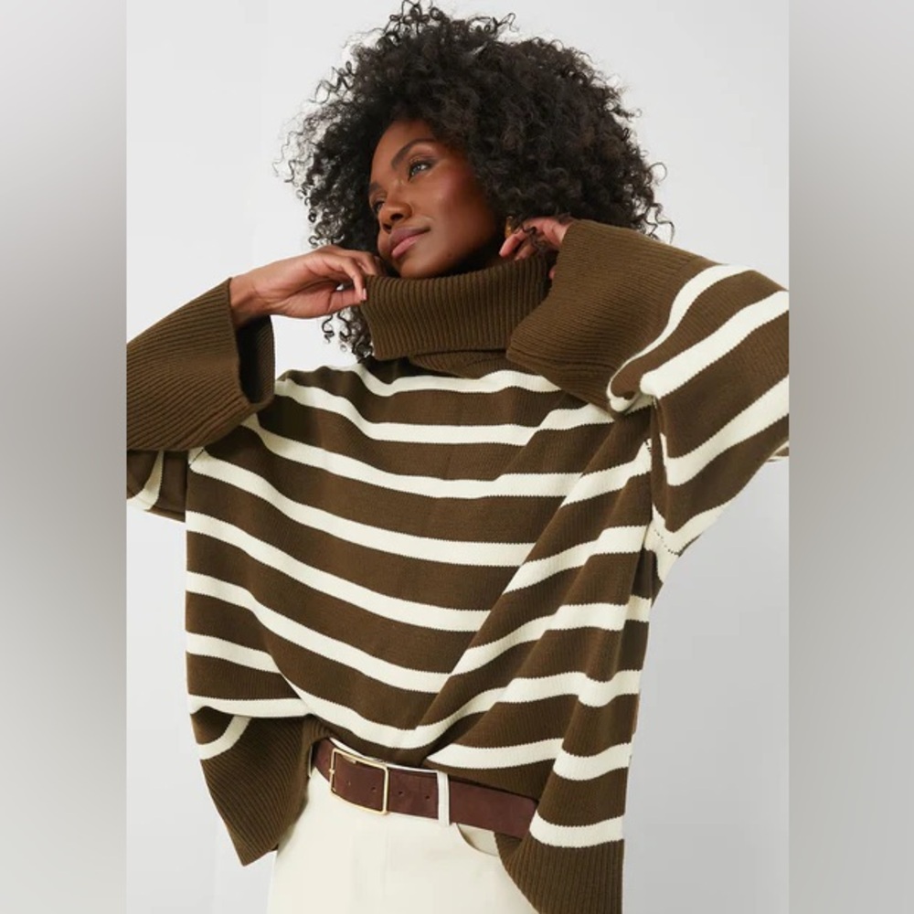 Weworewhat Brown and Cream Striped Turtleneck Sweater
